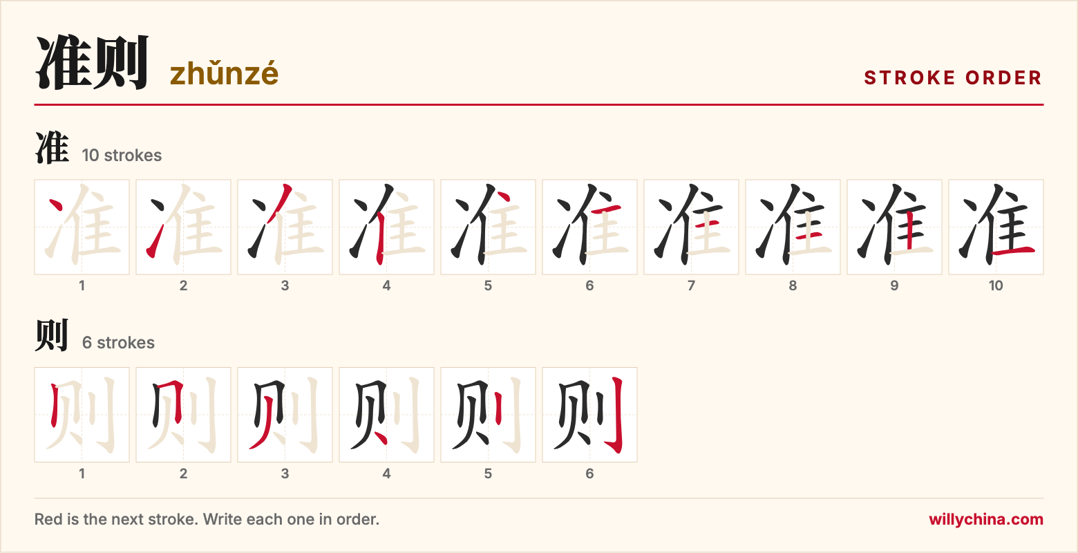 准则 (zhǔnzé) stroke order chart: each stroke of the characters in the order you write them