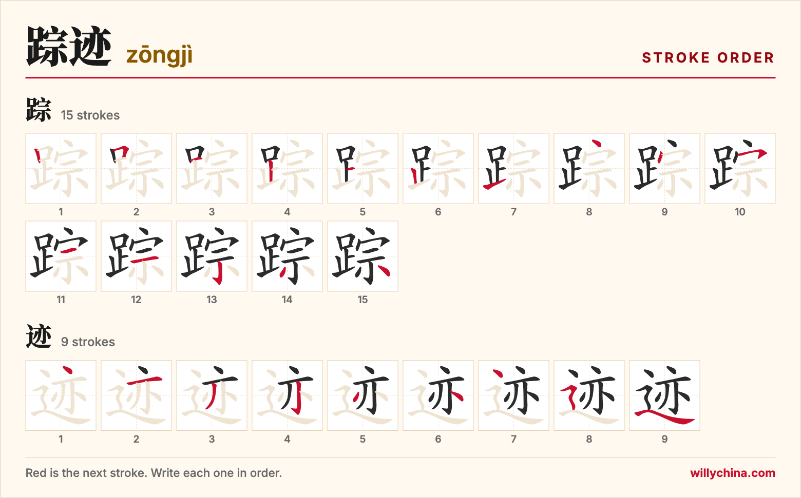踪迹 (zōngjì) stroke order chart: each stroke of the characters in the order you write them