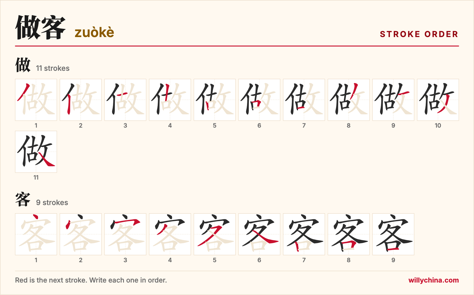 做客 (zuòkè) stroke order chart: each stroke of the characters in the order you write them