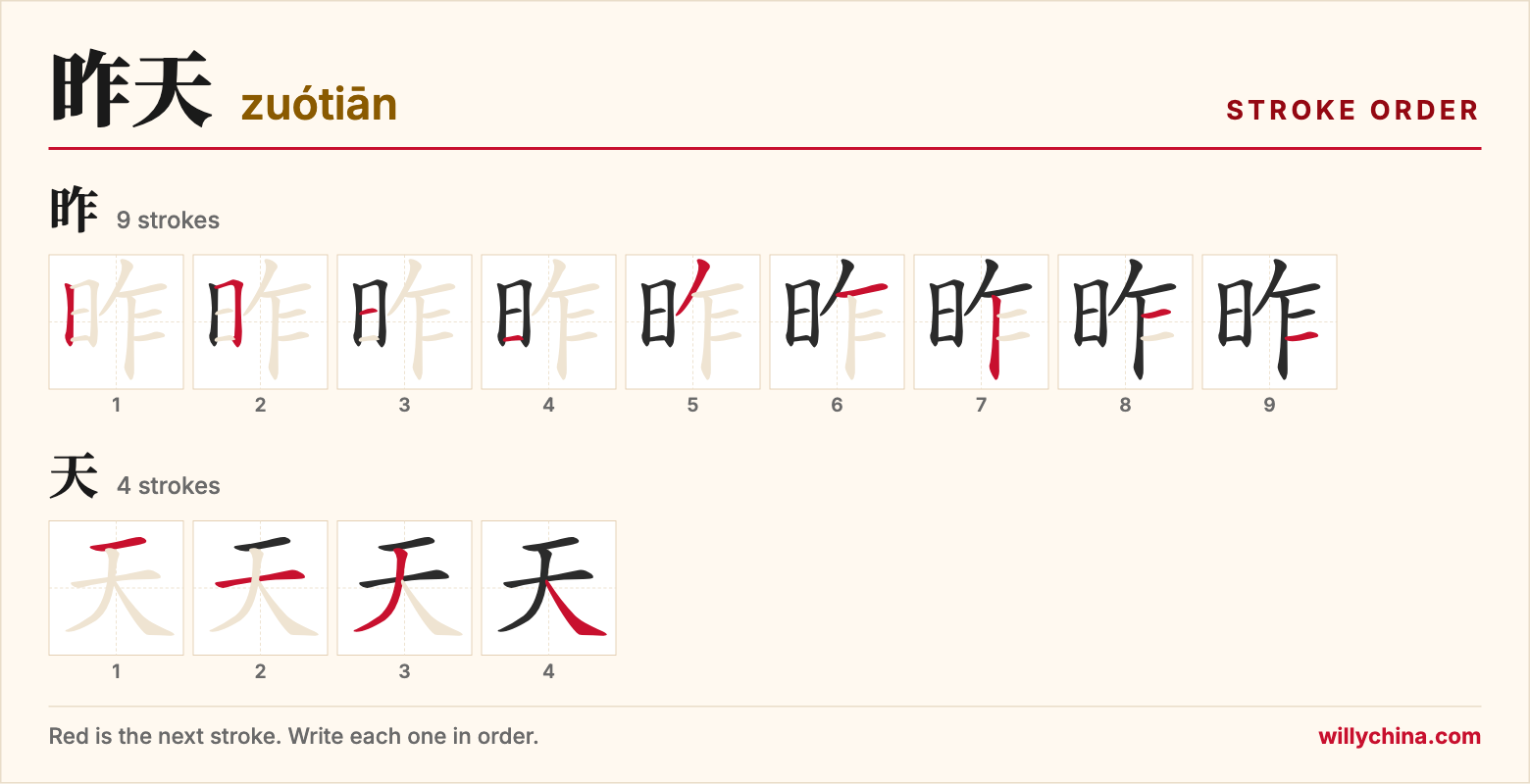 昨天 (zuótiān) stroke order chart: each stroke of the characters in the order you write them